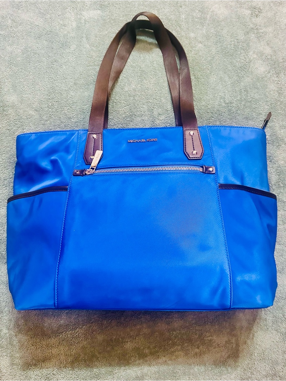 Michael Kors Jet Set Travel Blue Nylon Tote Bag Large Zip Top Shoulder Bag - Picture 2 of 7
